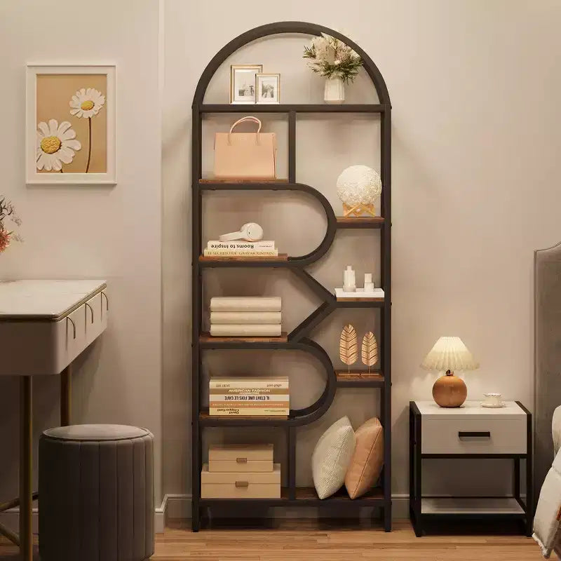 Garvee Bibliothèque 6 niveaux, étagère arquée 207,5 cm de haut, présentoirs, étagère de rangement ouverte géométrique, porte-livres unique, cadre en métal
