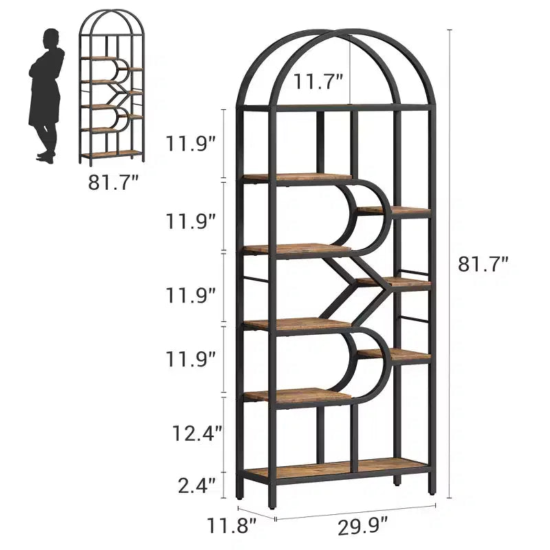 Garvee Bibliothèque 6 niveaux, étagère arquée 207,5 cm de haut, présentoirs, étagère de rangement ouverte géométrique, porte-livres unique, cadre en métal