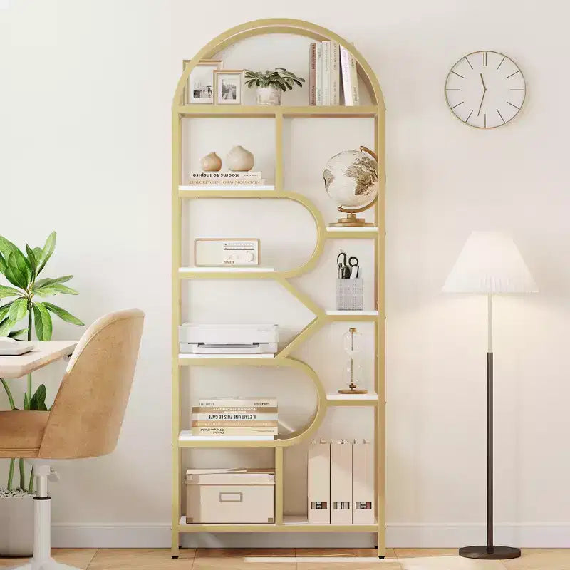 Garvee Bibliothèque 6 niveaux, étagère arquée 207,5 cm de haut, présentoirs, étagère de rangement ouverte géométrique, porte-livres unique, cadre en métal