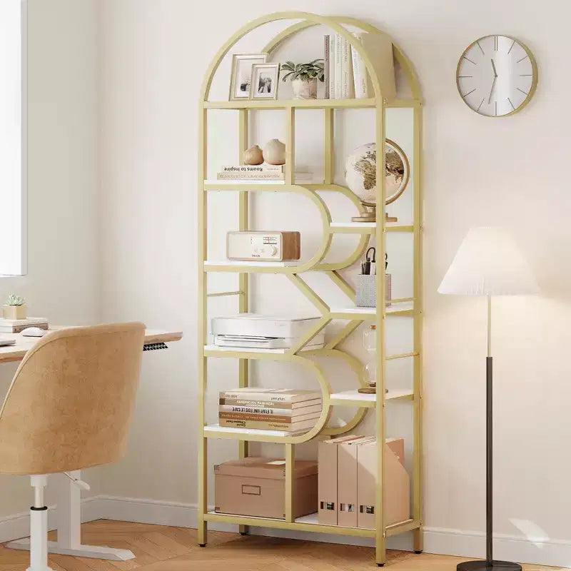 Garvee Bibliothèque 6 niveaux, étagère arquée 207,5 cm de haut, présentoirs, étagère de rangement ouverte géométrique, porte-livres unique, cadre en métal