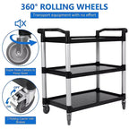 Chariot de service de restaurant rotatif à 360 degrés, chariot de service alimentaire roulant robuste 42L x 20P x 39H, chariot utilitaire en plastique à 3 étagères avec roues verrouillables