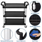 Chariot de service de restaurant rotatif à 360 degrés, chariot de service alimentaire roulant robuste 42L x 20P x 39H, chariot utilitaire en plastique à 3 étagères avec roues verrouillables
