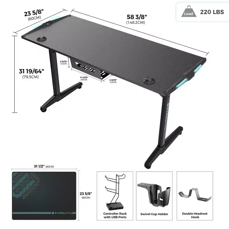 Bureau de gamer EUREKA ERGONOMIC avec accessoires intégrés, 58,27 P x 23,62 L x 31,22 H, Noir