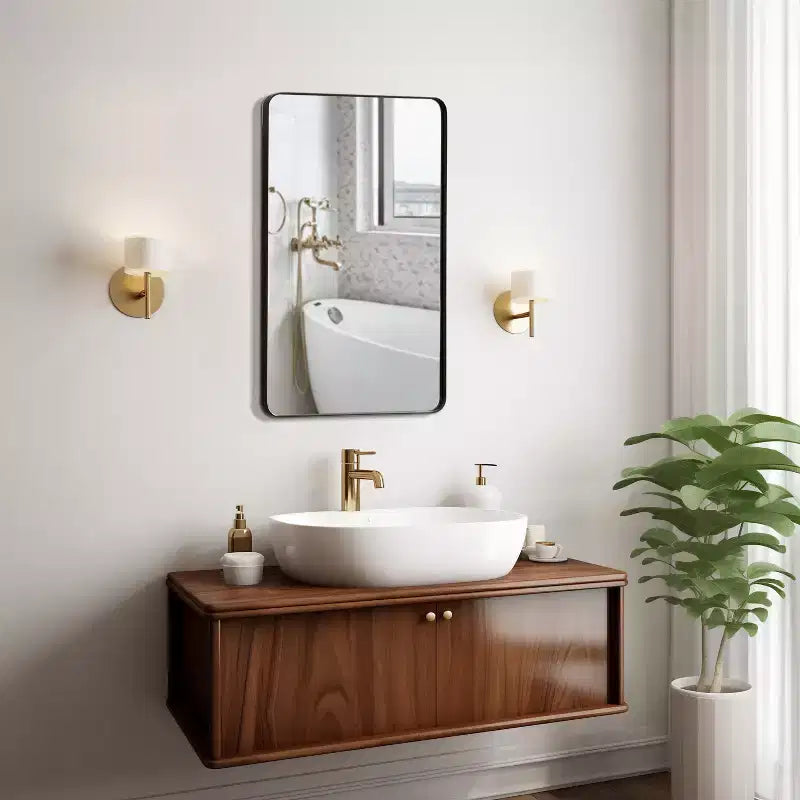 Armoire à pharmacie en plastique Basicwise avec porte miroir biseauté, cadre métallique rond, montage en surface ou encastré, armoire murale avec 2 étagères réglables
