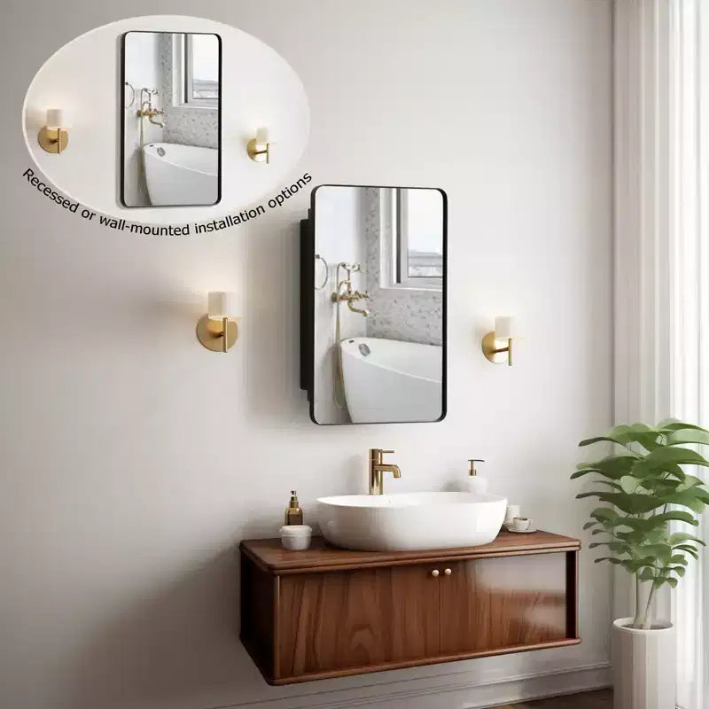 Armoire à pharmacie en plastique Basicwise avec porte miroir biseauté, cadre métallique rond, montage en surface ou encastré, armoire murale avec 2 étagères réglables