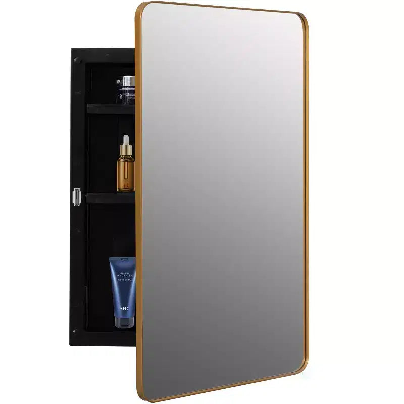 Armoire à pharmacie en plastique Basicwise avec porte miroir biseauté, cadre métallique rond, montage en surface ou encastré, armoire murale avec 2 étagères réglables