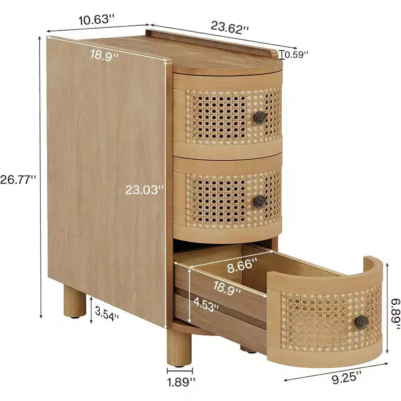 Table d'appoint Lantine en bois massif avec 3 tiroirs en rotin et poignées exquises en relief, aucun assemblage requis