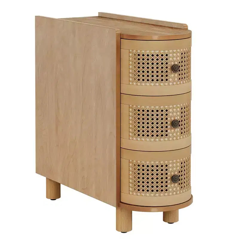 Table d'appoint Lantine en bois massif avec 3 tiroirs en rotin et poignées exquises en relief, aucun assemblage requis