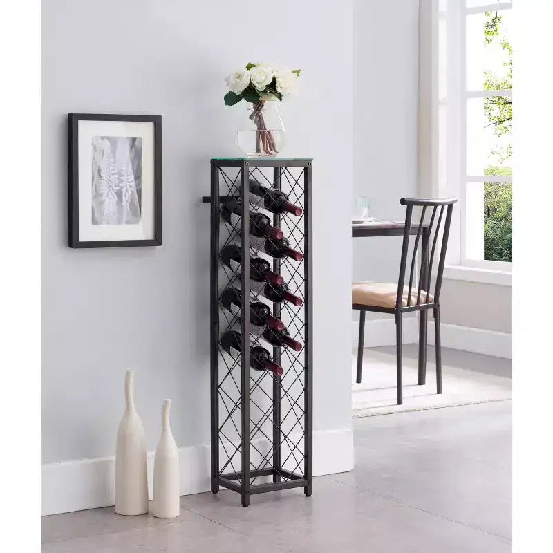 Kings Brand Furniture Narenda Pewter Freestanding Metal Wine Rack Tower with Shelf and Bottle Holder, Stores Up to 13 Wine Bottles