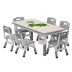 Ensemble table et chaises pour enfants Whizmax 120*60 CM, table pour tout-petits réglable en hauteur et ensemble de 6 chaises pour les 2-10 ans, plateau de table graffiti, pieds antidérapants, gris