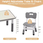 Ensemble table et chaises pour enfants Whizmax 120*60 CM, table pour tout-petits réglable en hauteur et ensemble de 6 chaises pour les 2-10 ans, plateau de table graffiti, pieds antidérapants, gris