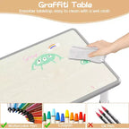 Ensemble table et chaises pour enfants Whizmax 120*60 CM, table pour tout-petits réglable en hauteur et ensemble de 6 chaises pour les 2-10 ans, plateau de table graffiti, pieds antidérapants, gris