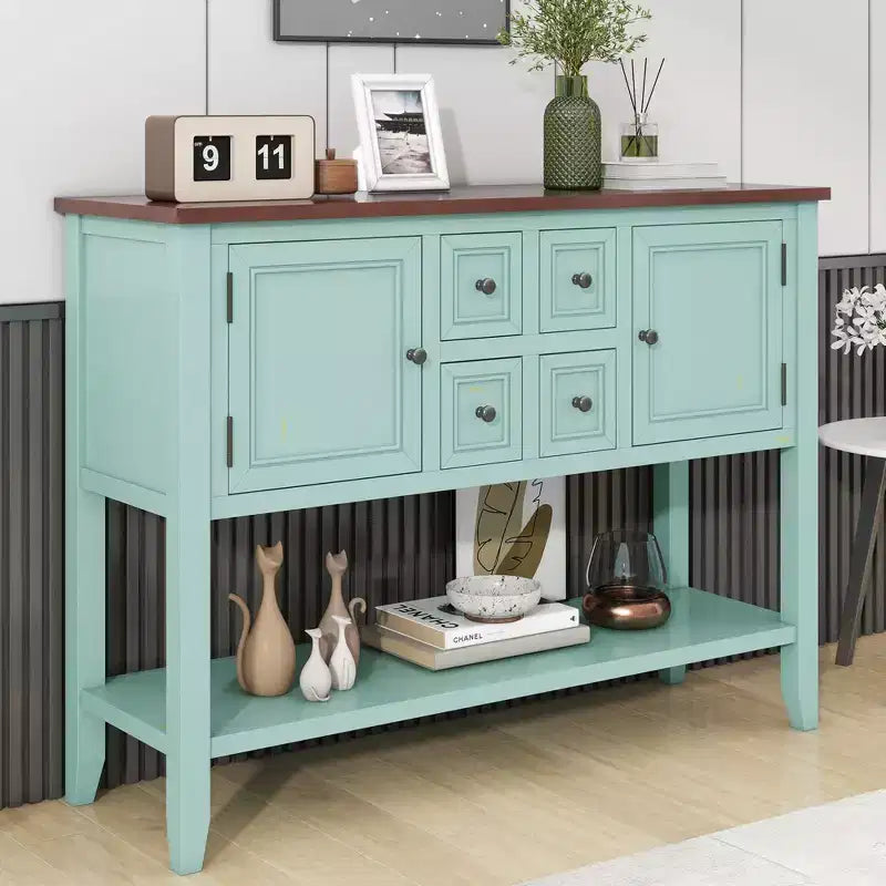 Console vintage Whisen avec quatre petits tiroirs et une étagère inférieure pour les salons, les entrées et les cuisines