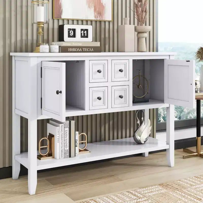 Console vintage Whisen avec quatre petits tiroirs et une étagère inférieure pour les salons, les entrées et les cuisines