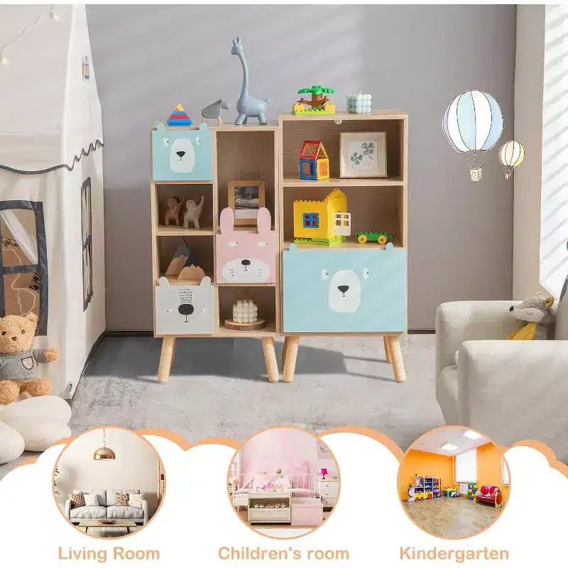 Costway Meuble de rangement pour enfants avec 3 tiroirs coulissants et 4 casiers Bibliothèque en bois pour tout-petits et salles de classe