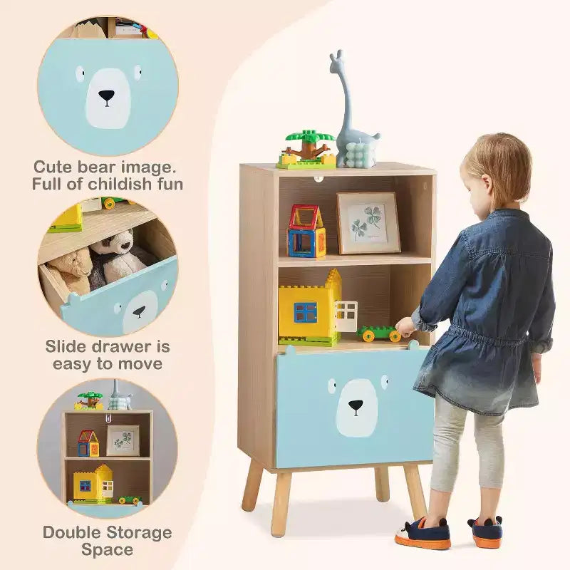 Costway Meuble de rangement pour enfants avec 3 tiroirs coulissants et 4 casiers Bibliothèque en bois pour tout-petits et salles de classe