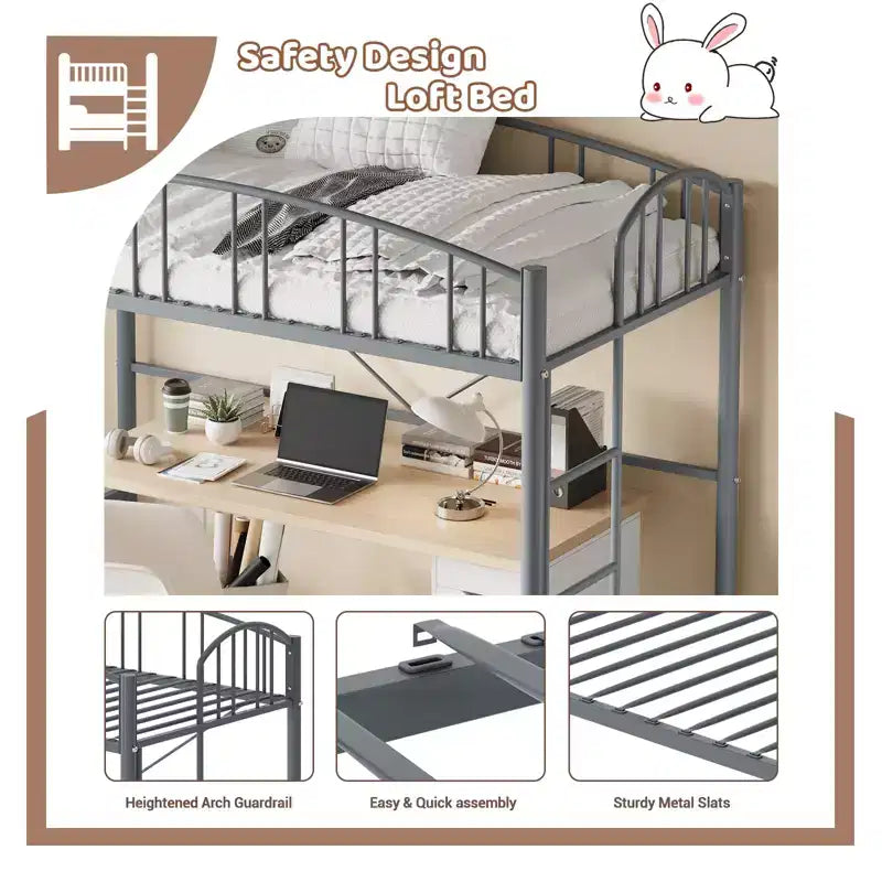 Lit mezzanine Garvee double, cadre de lit mezzanine en métal robuste avec garde-corps arqué et échelle de sécurité, gain de place, pas besoin de sommier tapissier, noir