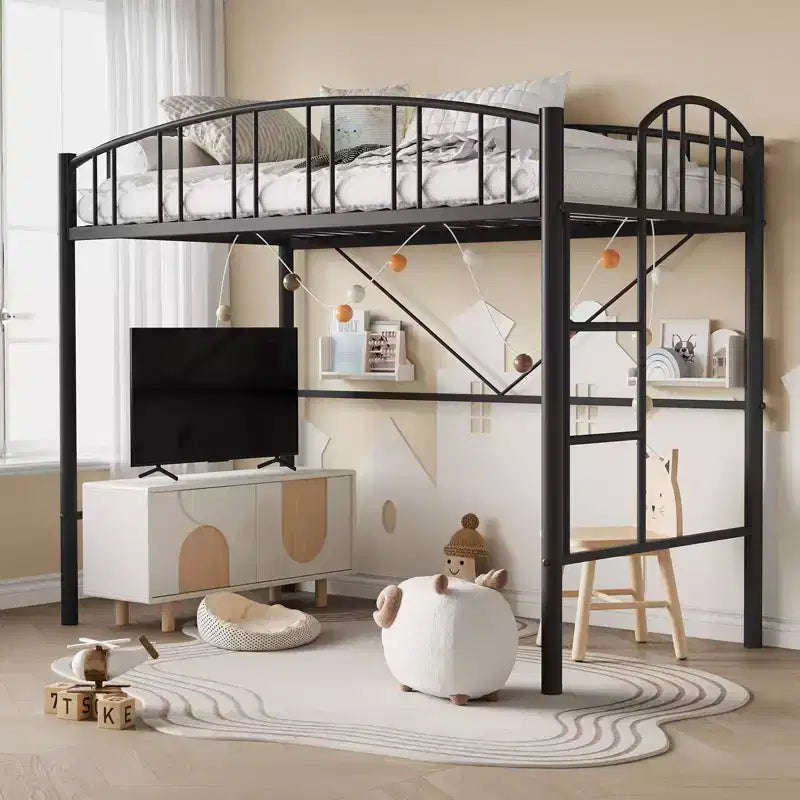 Lit mezzanine Garvee double, cadre de lit mezzanine en métal robuste avec garde-corps arqué et échelle de sécurité, gain de place, pas besoin de sommier tapissier, noir
