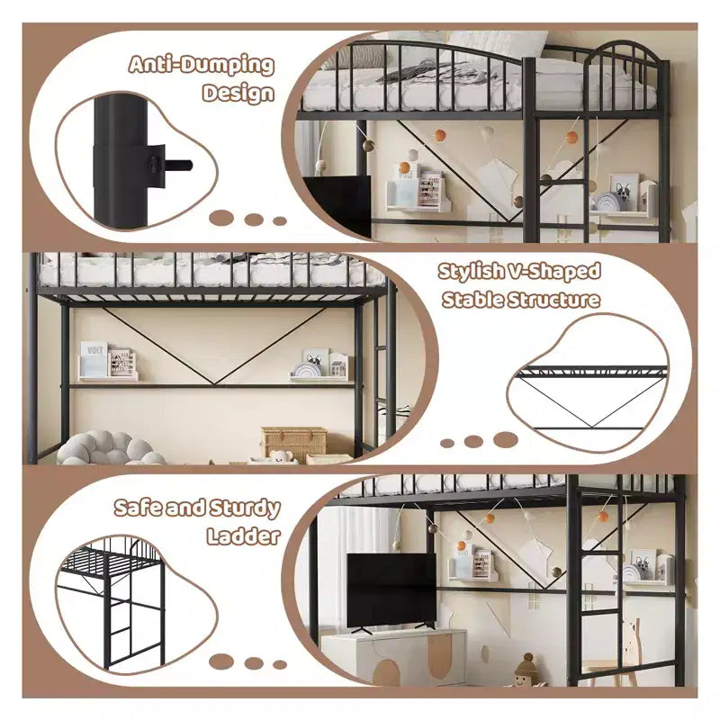 Lit mezzanine Garvee double, cadre de lit mezzanine en métal robuste avec garde-corps arqué et échelle de sécurité, gain de place, pas besoin de sommier tapissier, noir