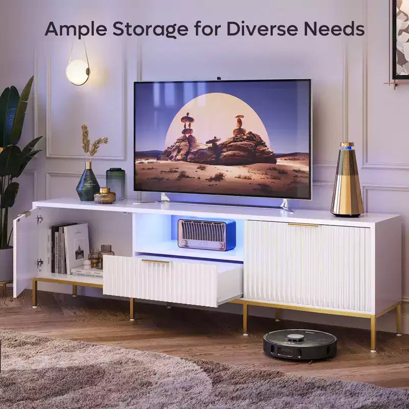 Meuble TV Bestier 55/70 pouces pour téléviseurs jusqu'à 60/80 pouces, meuble de divertissement moderne brillant avec tiroirs, armoires, console TV cannelée