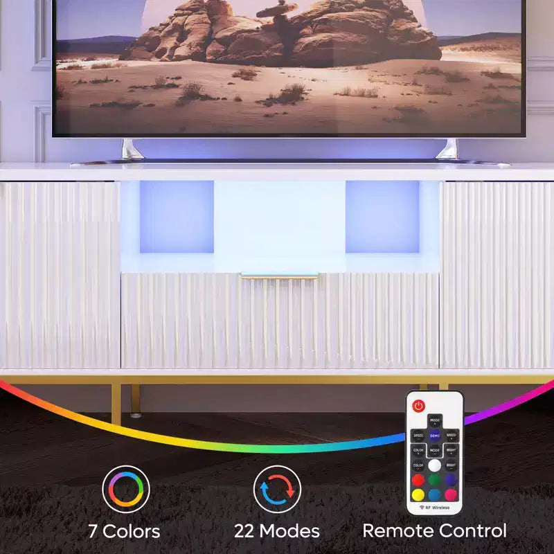 Meuble TV Bestier 55/70 pouces pour téléviseurs jusqu'à 60/80 pouces, meuble de divertissement moderne brillant avec tiroirs, armoires, console TV cannelée