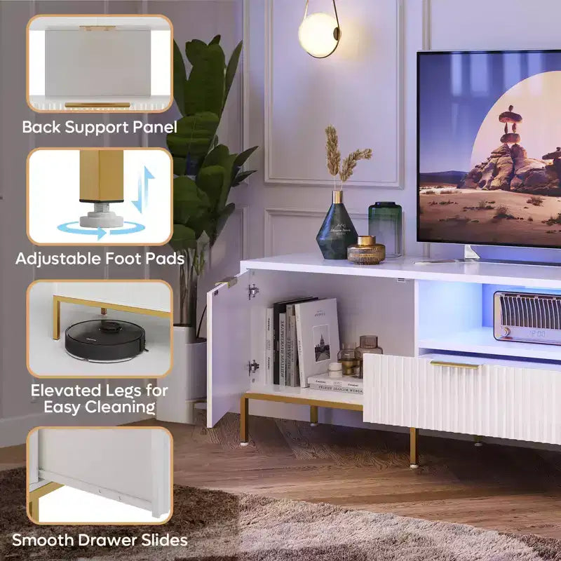 Meuble TV Bestier 55/70 pouces pour téléviseurs jusqu'à 60/80 pouces, meuble de divertissement moderne brillant avec tiroirs, armoires, console TV cannelée