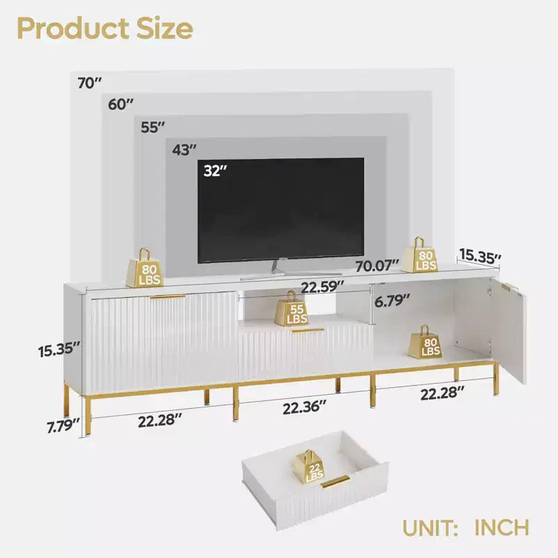 Meuble TV Bestier 55/70 pouces pour téléviseurs jusqu'à 60/80 pouces, meuble de divertissement moderne brillant avec tiroirs, armoires, console TV cannelée