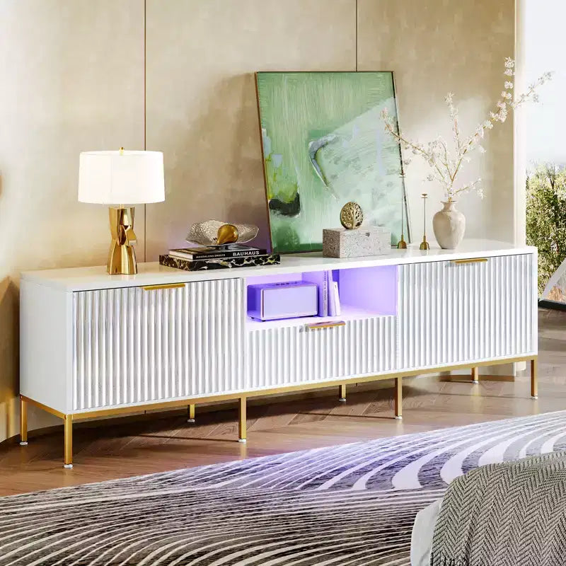 Meuble TV Bestier 55/70 pouces pour téléviseurs jusqu'à 60/80 pouces, meuble de divertissement moderne brillant avec tiroirs, armoires, console TV cannelée