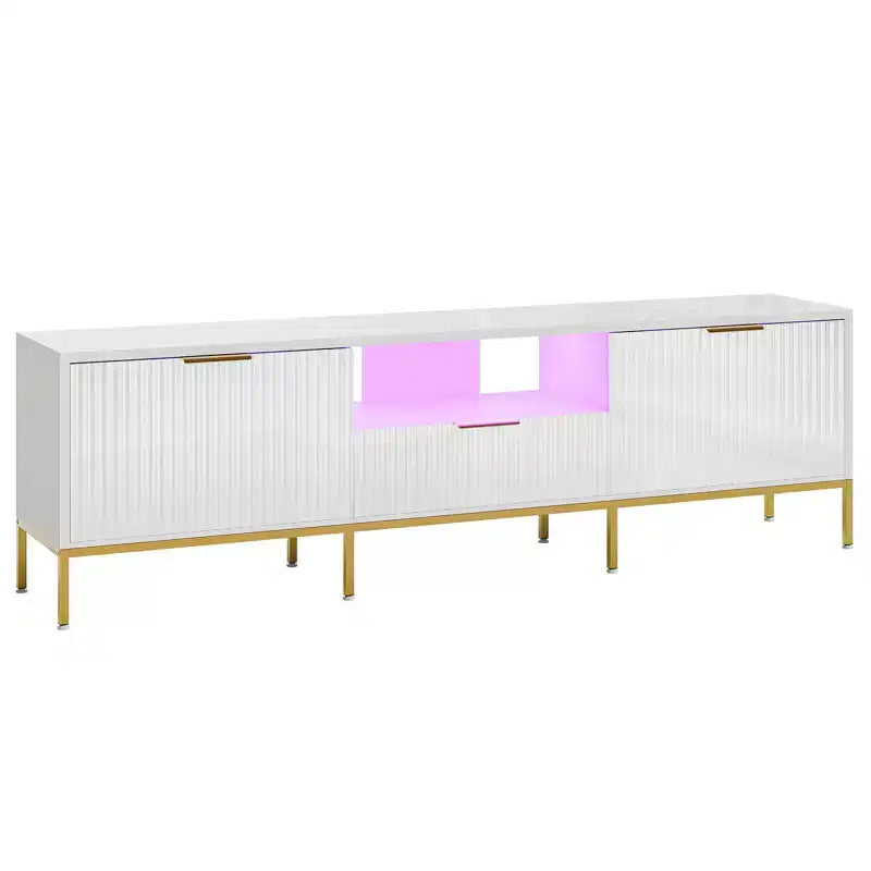 Meuble TV Bestier 55/70 pouces pour téléviseurs jusqu'à 60/80 pouces, meuble de divertissement moderne brillant avec tiroirs, armoires, console TV cannelée