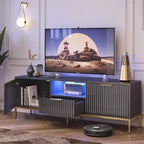 Meuble TV Bestier 55/70 pouces pour téléviseurs jusqu'à 60/80 pouces, meuble de divertissement moderne brillant avec tiroirs, armoires, console TV cannelée