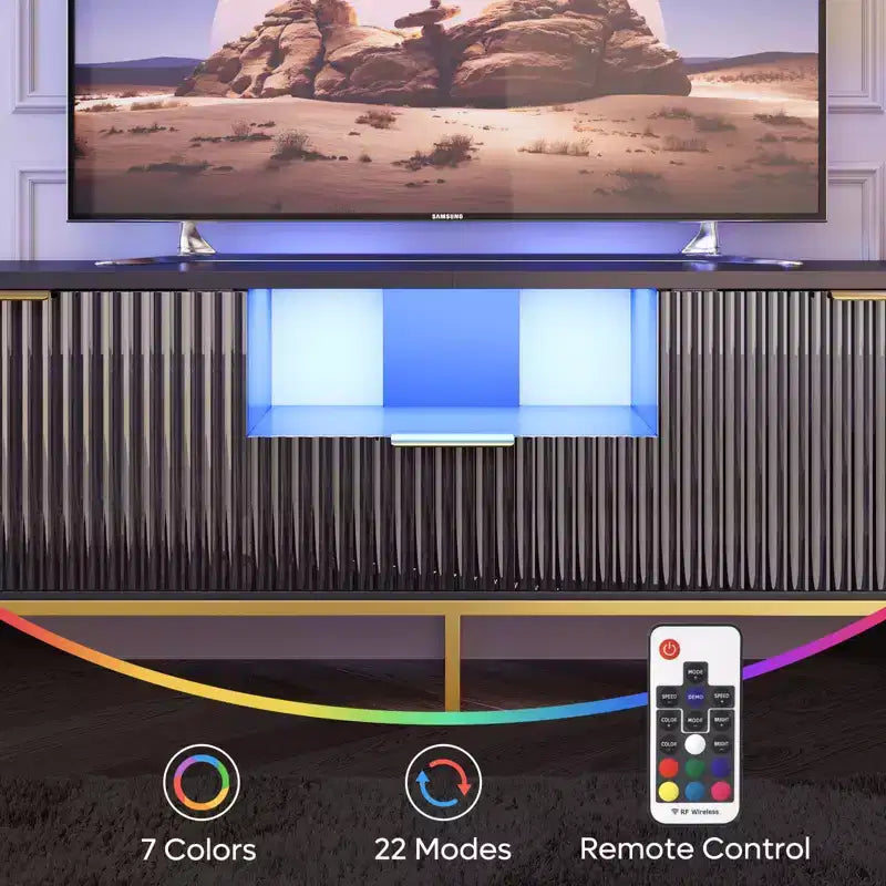 Meuble TV Bestier 55/70 pouces pour téléviseurs jusqu'à 60/80 pouces, meuble de divertissement moderne brillant avec tiroirs, armoires, console TV cannelée