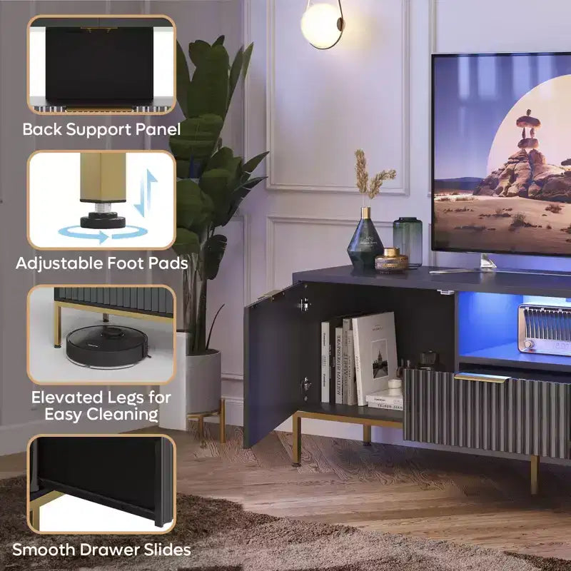 Meuble TV Bestier 55/70 pouces pour téléviseurs jusqu'à 60/80 pouces, meuble de divertissement moderne brillant avec tiroirs, armoires, console TV cannelée