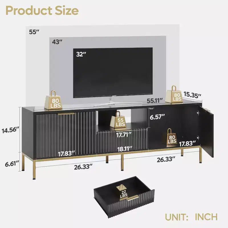 Meuble TV Bestier 55/70 pouces pour téléviseurs jusqu'à 60/80 pouces, meuble de divertissement moderne brillant avec tiroirs, armoires, console TV cannelée