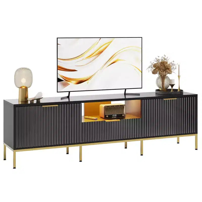 Meuble TV Bestier 55/70 pouces pour téléviseurs jusqu'à 60/80 pouces, meuble de divertissement moderne brillant avec tiroirs, armoires, console TV cannelée