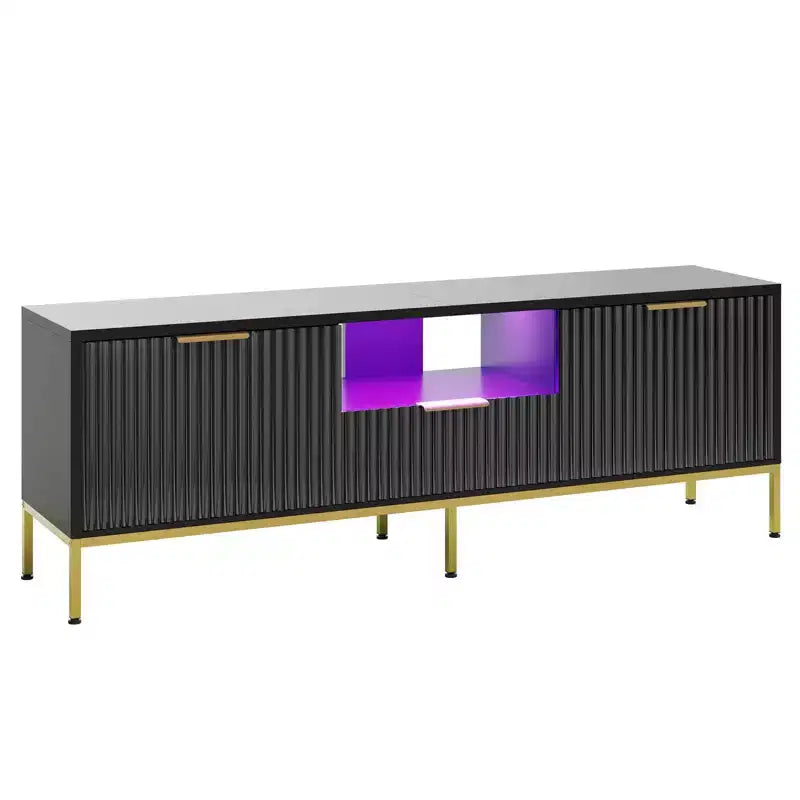 Meuble TV Bestier 55/70 pouces pour téléviseurs jusqu'à 60/80 pouces, meuble de divertissement moderne brillant avec tiroirs, armoires, console TV cannelée
