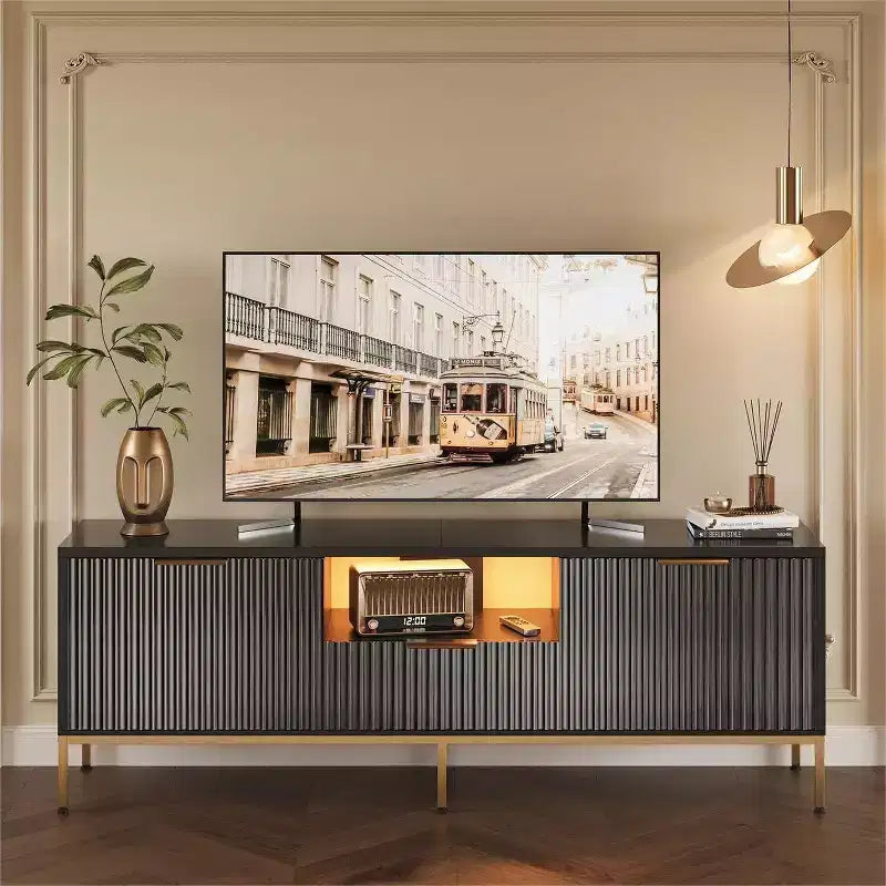 Bestier 55/70 inch LED TV Stand for TVs up to 60/80 inch Modern High Gloss Entertainment Center with Drawers Cabinets Fluted TV Console