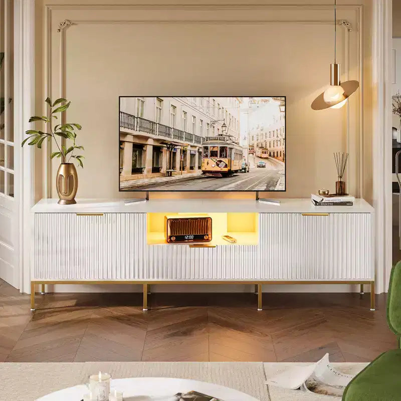 Meuble TV Bestier 55/70 pouces pour téléviseurs jusqu'à 60/80 pouces, meuble de divertissement moderne brillant avec tiroirs, armoires, console TV cannelée