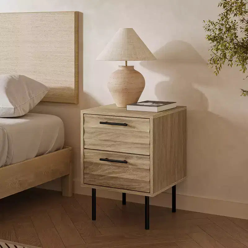 Table d'appoint et de chevet LuxenHome, style moderne du milieu du siècle, 53 cm, avec 2 tiroirs, pieds en métal, pour chambre à coucher et salon, marron