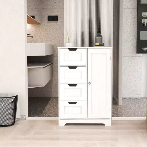 AndMakers 22.5 in. W. x 11.81 in. D x 32.68 in. H White Wood Linen Cabinet with 4 Drawers and 1 Door