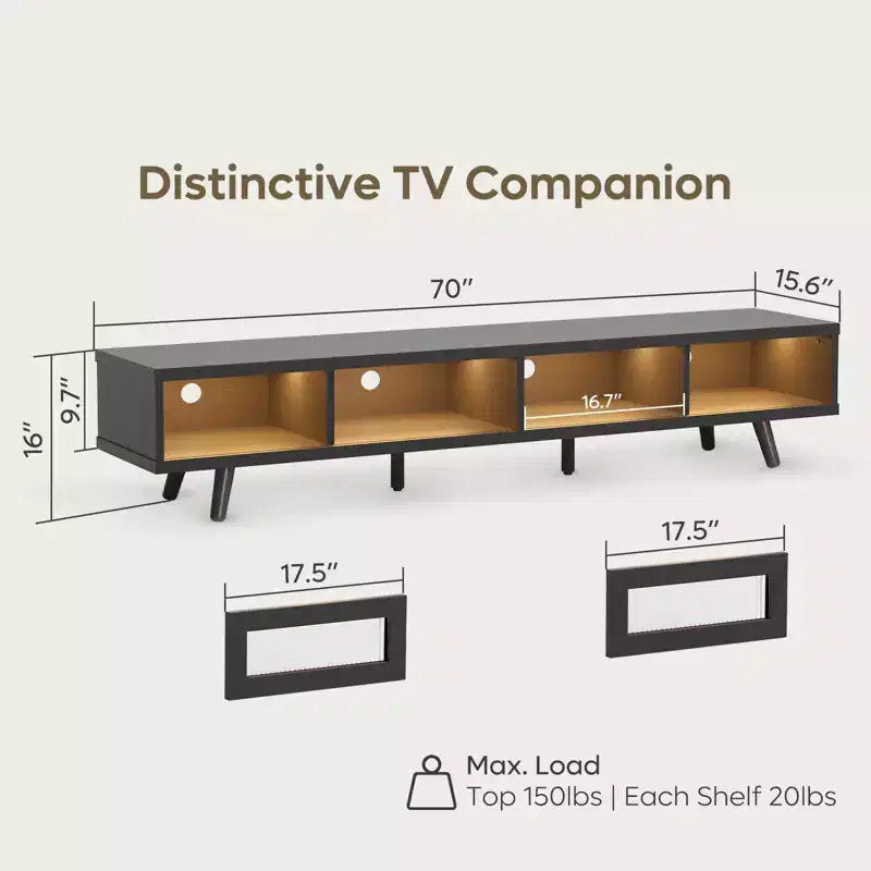 Meuble TV moderne bas Bestier 70 pouces avec LED et rangements pour salon