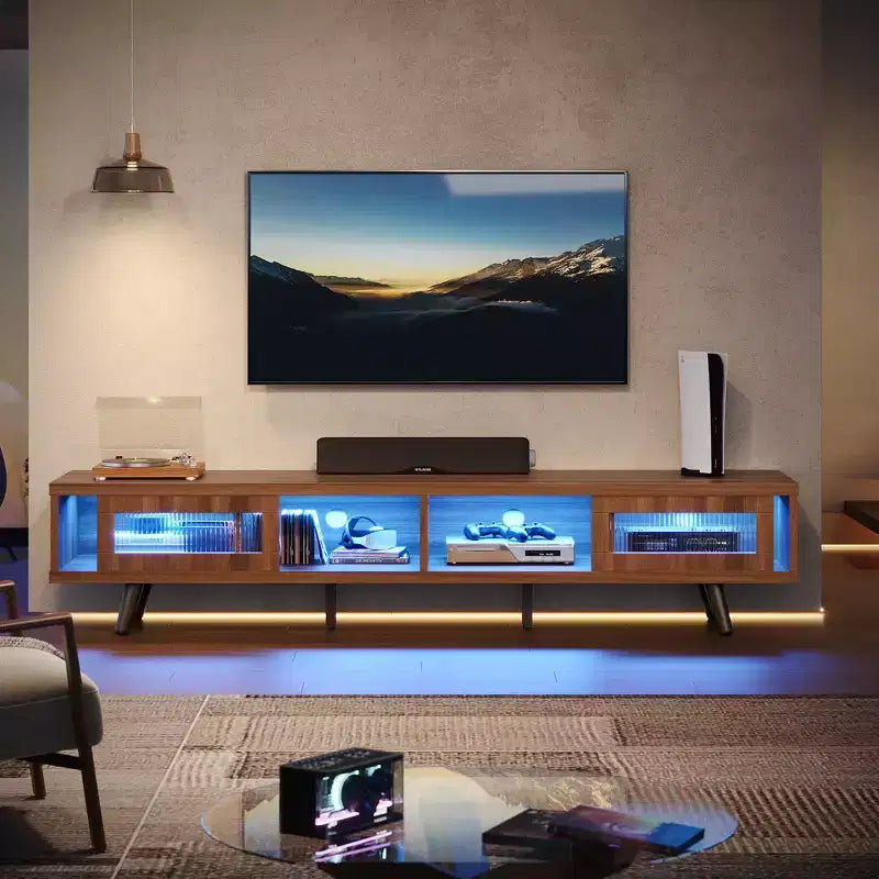 Meuble TV moderne bas Bestier 70 pouces avec LED et rangements pour salon