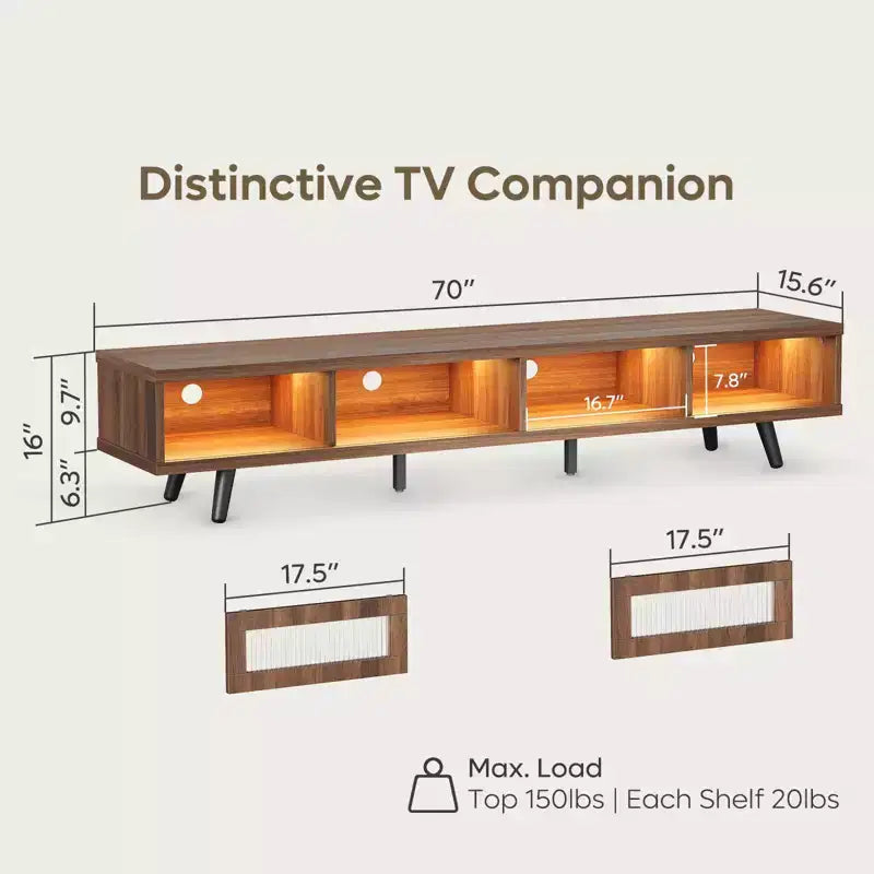 Meuble TV moderne bas Bestier 70 pouces avec LED et rangements pour salon