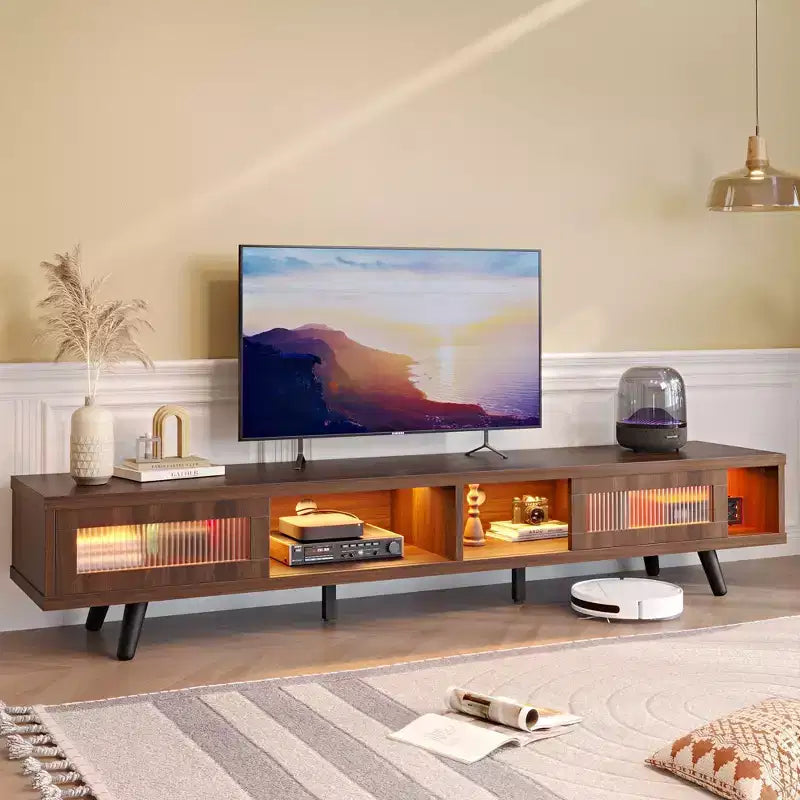 Meuble TV moderne bas Bestier 70 pouces avec LED et rangements pour salon