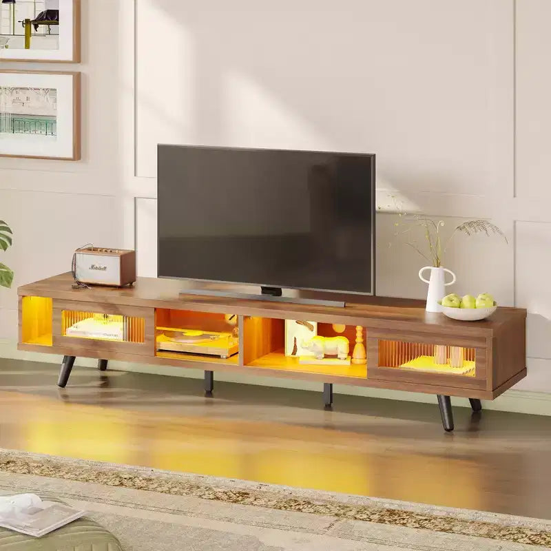 Meuble TV moderne bas Bestier 70 pouces avec LED et rangements pour salon