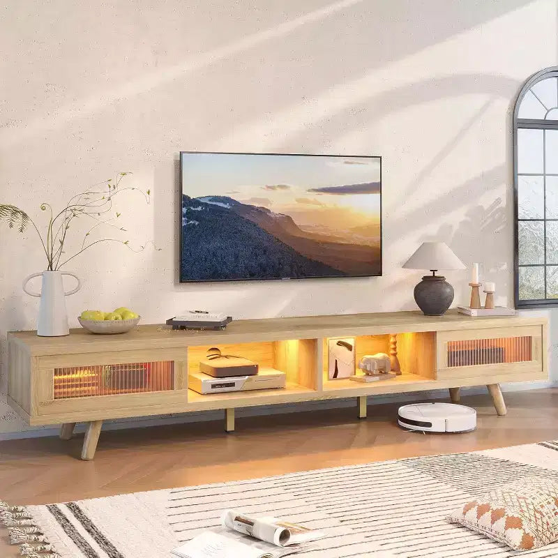 Meuble TV moderne bas Bestier 70 pouces avec LED et rangements pour salon