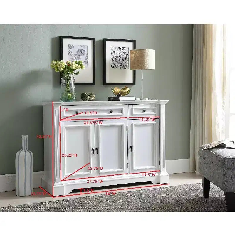 Kings Brand Furniture Buffet Console avec Rangement, Tiroirs, Étagères, en Bois Finition Blanc