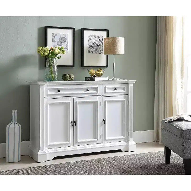 Kings Brand Furniture Buffet Console avec Rangement, Tiroirs, Étagères, en Bois Finition Blanc