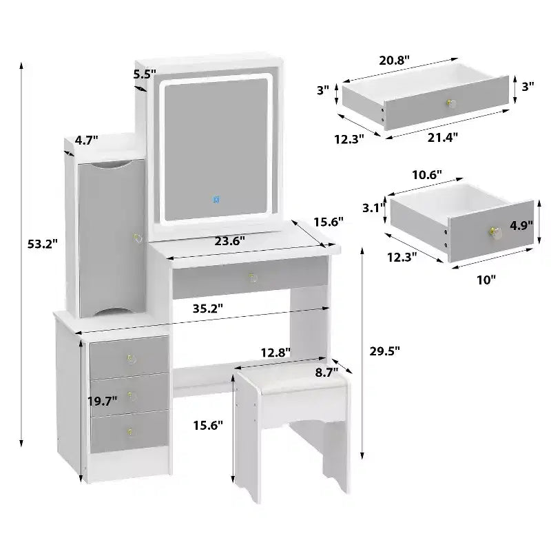 Hitow Coiffeuse avec tabouret et miroir, 3 couleurs tactiles