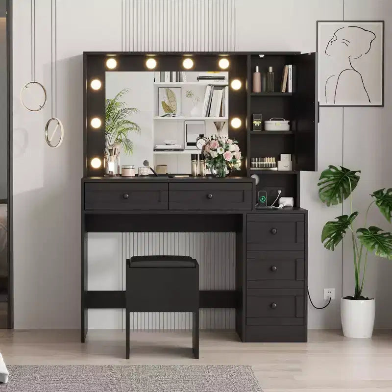 Coiffeuse de Maquillage, Table de Maquillage pour Adulte, Coiffeuse avec Lumières, Station de Recharge, Tiroirs, pour Salle de Bain, Chambre à Coucher