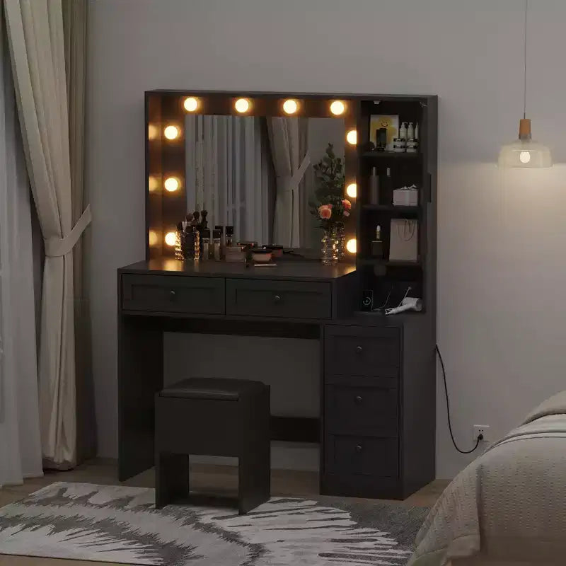 Coiffeuse de Maquillage, Table de Maquillage pour Adulte, Coiffeuse avec Lumières, Station de Recharge, Tiroirs, pour Salle de Bain, Chambre à Coucher